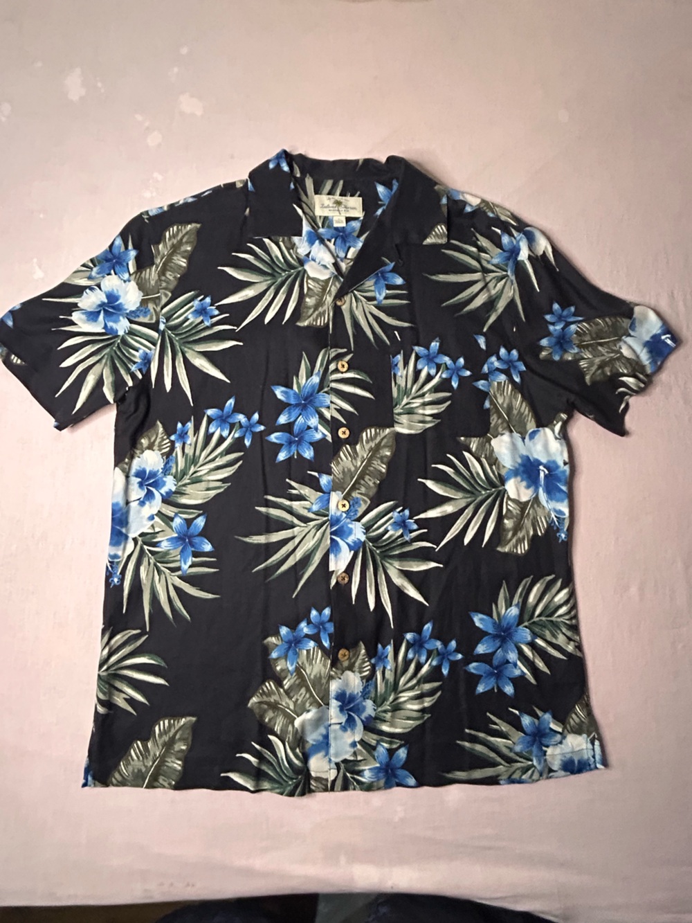 Men's Black Hawaiian Floral Button-Down Shirt with Blue Flowers %100 silk